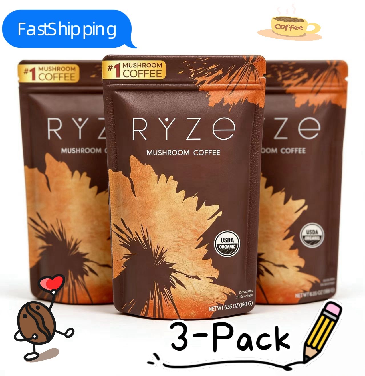 RYSE Mushroom Coffee – 3-Pack – 30 Servings Each – Natural Energy