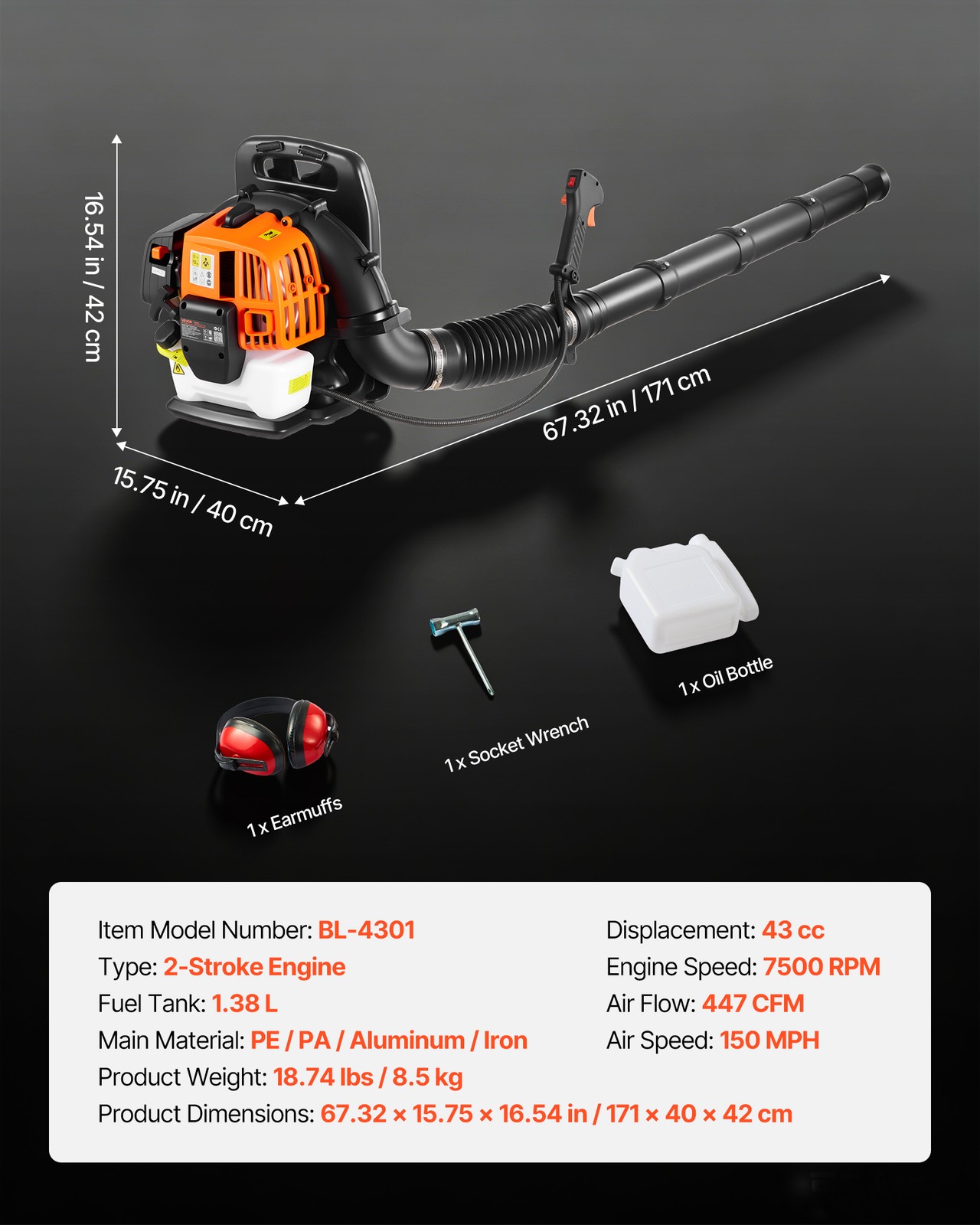 VEVOR Backpack Leaf Blower 43CC 2-Stroke Gas Powered Leaf Blower 447CFM 150MPH
