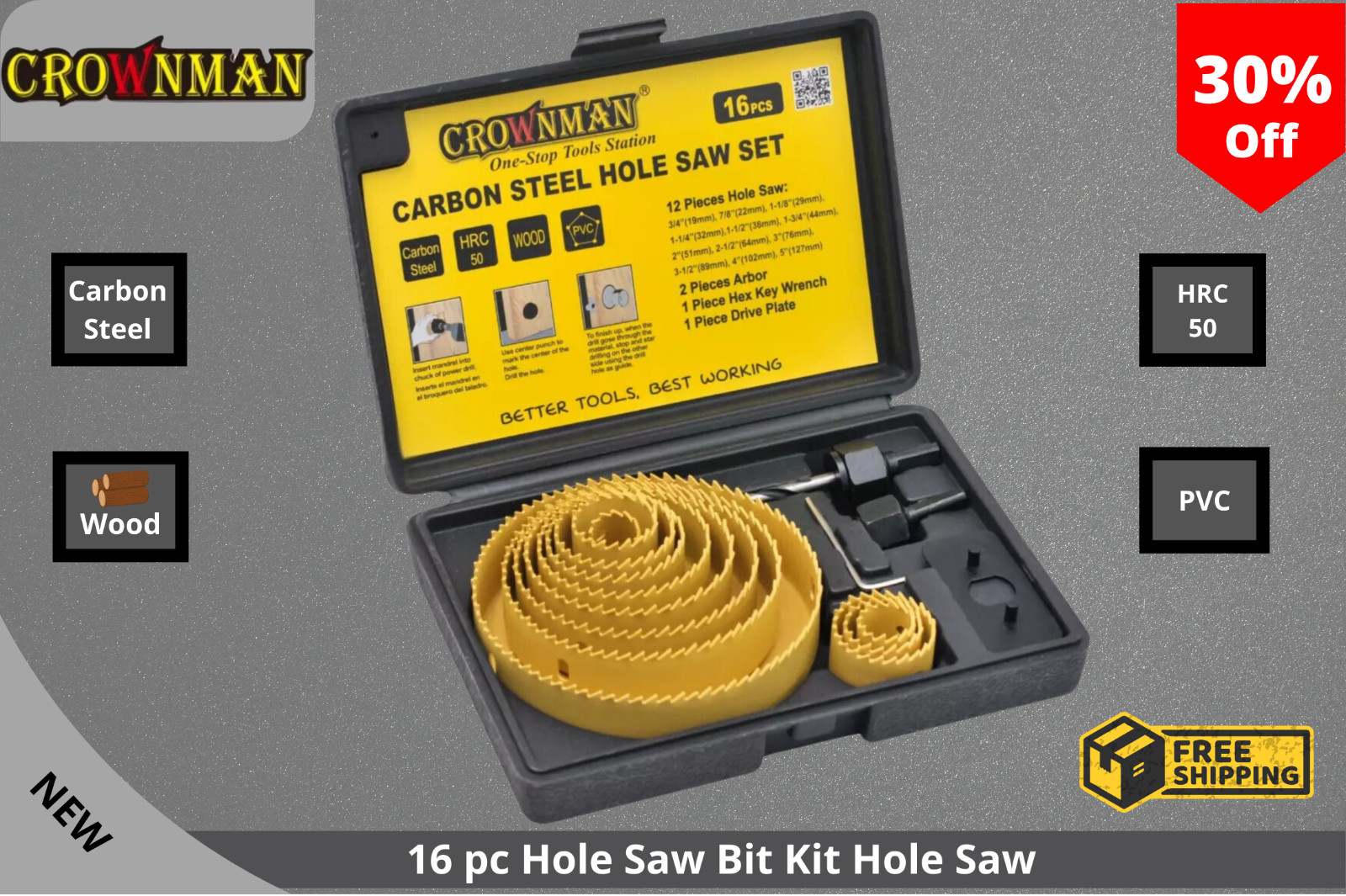 16 pc Hole Saw Bit Kit Hole Saw Wood Sheet Metal Plastic CROWNMAN