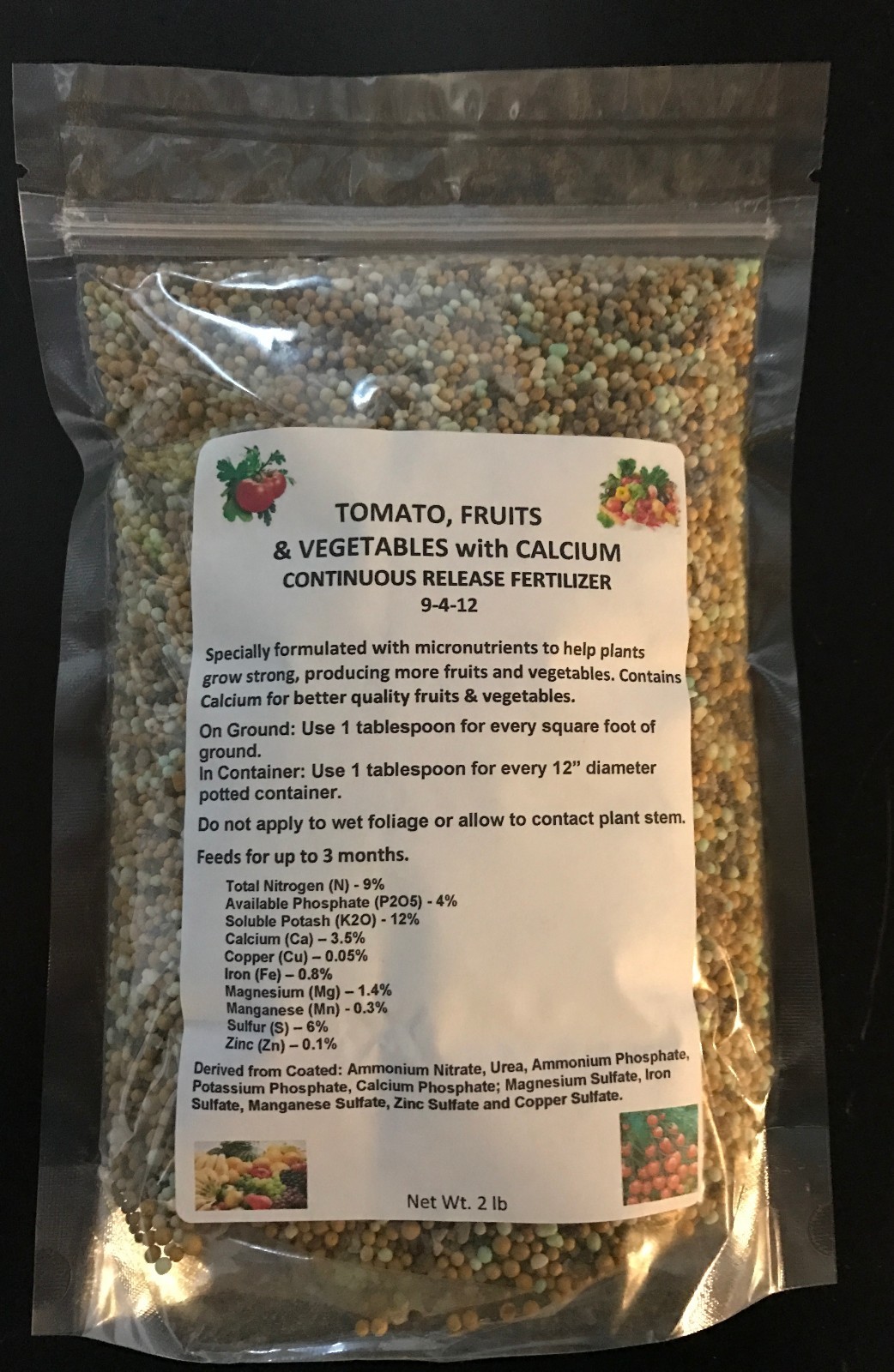 FERTILIZER TOMATO, FRUIT & VEGETABLE 9-4-12 with CALCIUM Continuous Rls 2 LB BAG