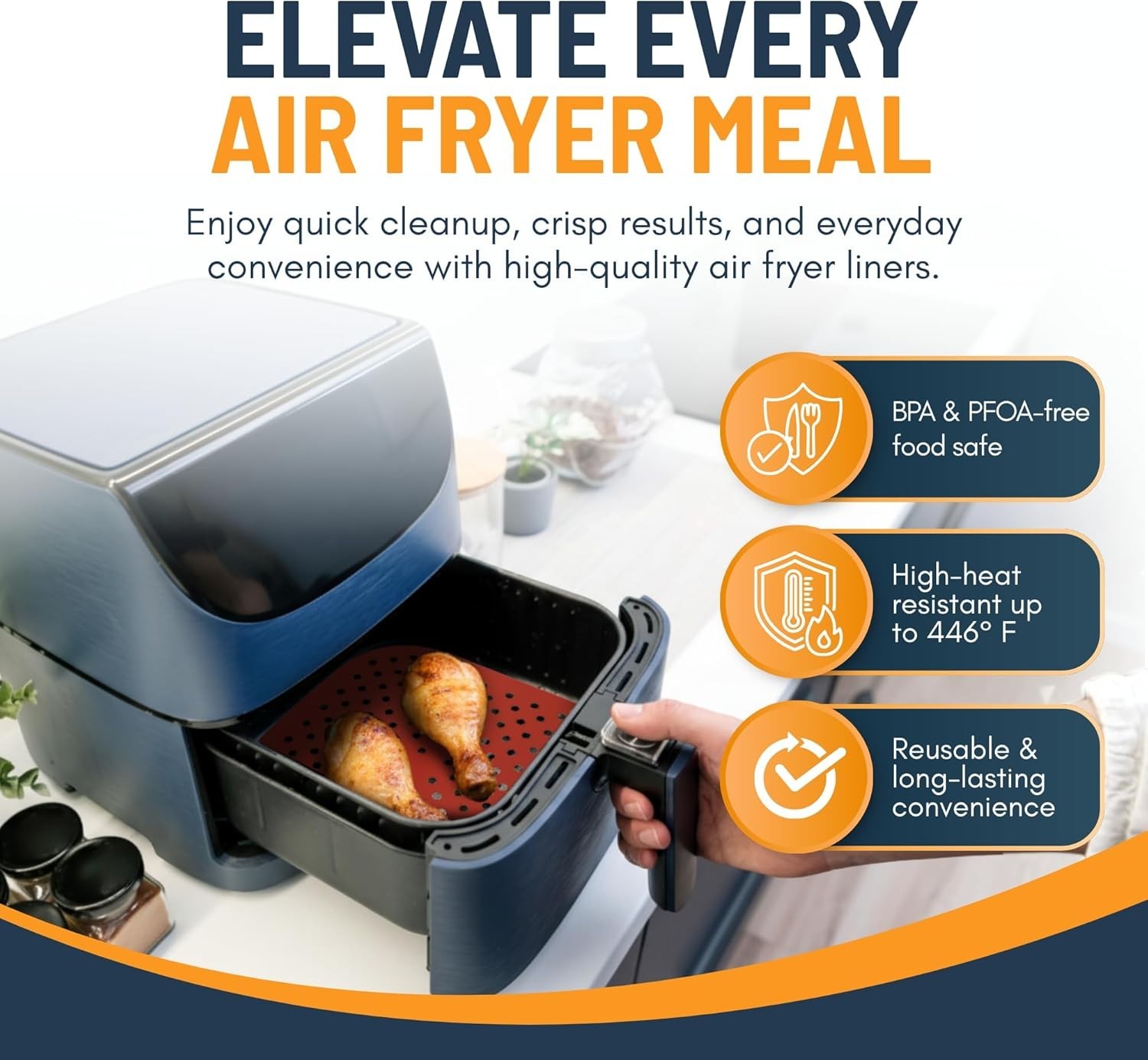 3 Pk Reusable Silicone Air Fryer Liner 8.5 Inch Non-Stick Easy-Clean Accessories