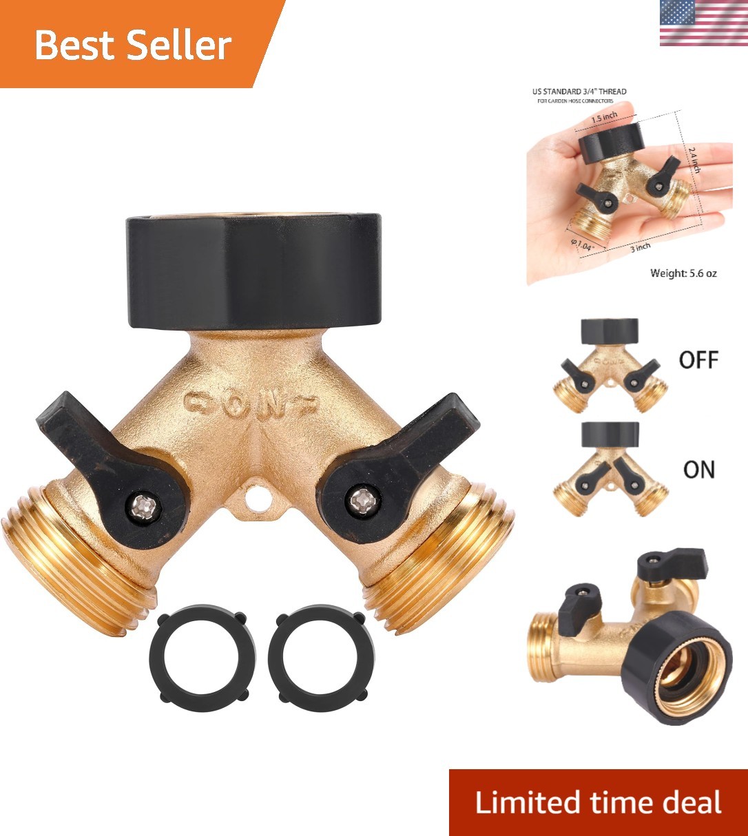 Adjustable Flow Control Brass Garden Hose Splitter – Compact & Heavy Duty