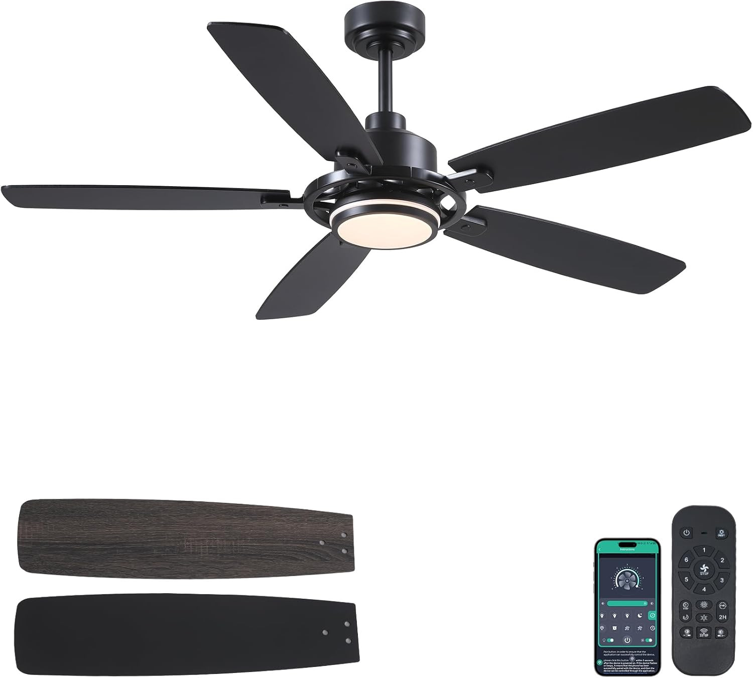 54″ Black Ceiling Fan with Lights & Remote, Quiet DC Motor, 6 Speeds