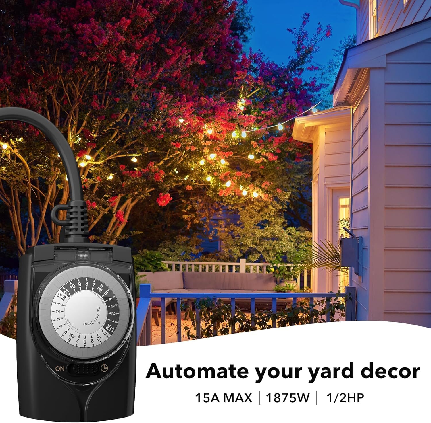 HBN 24Hr Mechanical Outdoor Timer Waterproof 2 Grounded Timer Outlets For Lights