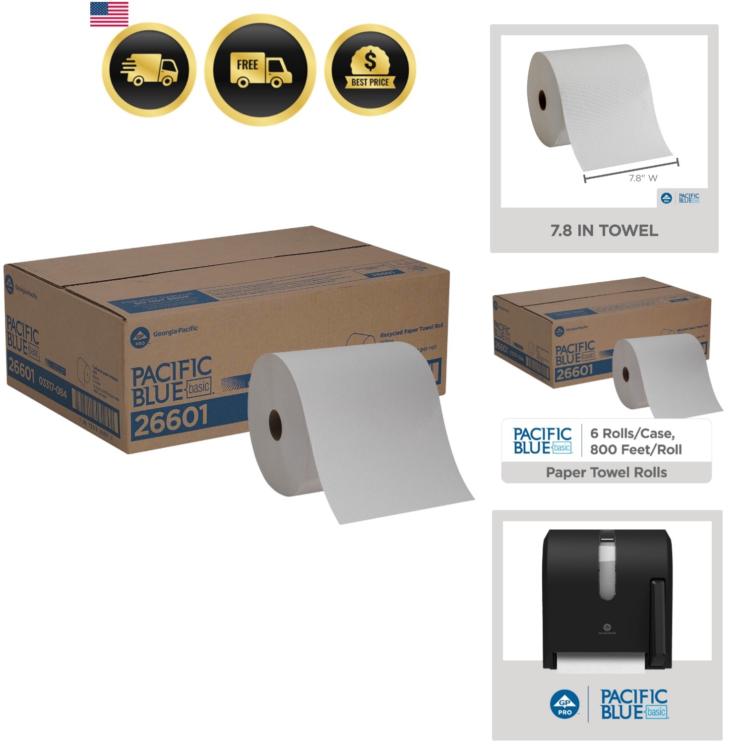 Pacific Blue Basic Recycled Paper Towel Rolls by GP PRO , White, 26601, 800 F…