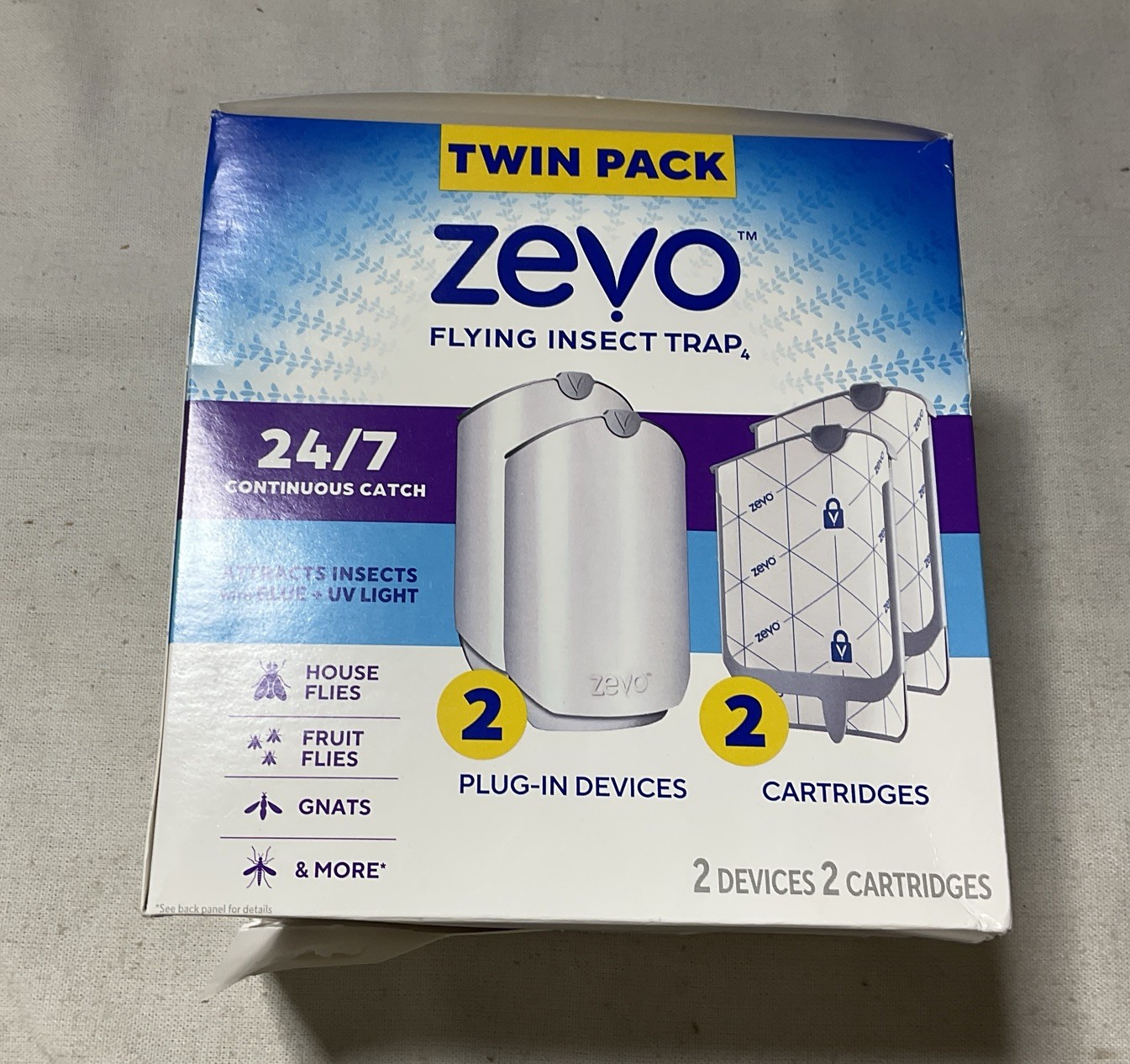 Zevo Plug-In Fly Trap 2 Plug-in Bases + 2 Cartridges UV Light (Dented Boxes) G19