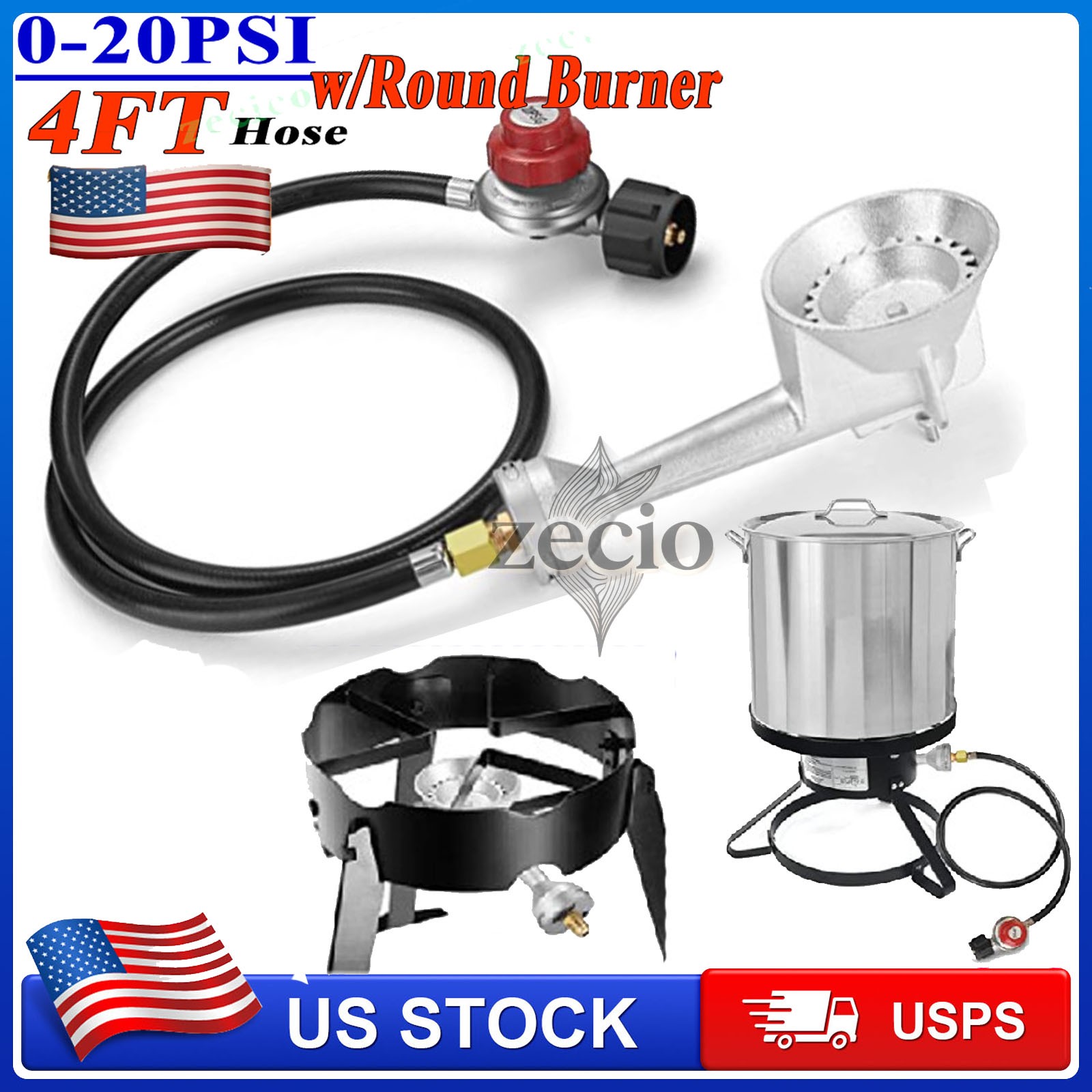 Propane Cast-Iron Round Burner & 4FT 20PSI High Pressure Regulator Hose& Fitting
