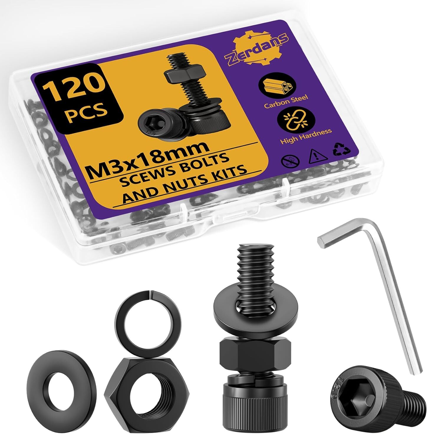 Hex Socket Head Cap Screws Bolts & Nuts Assortment Kit with Lock & Flat Washers