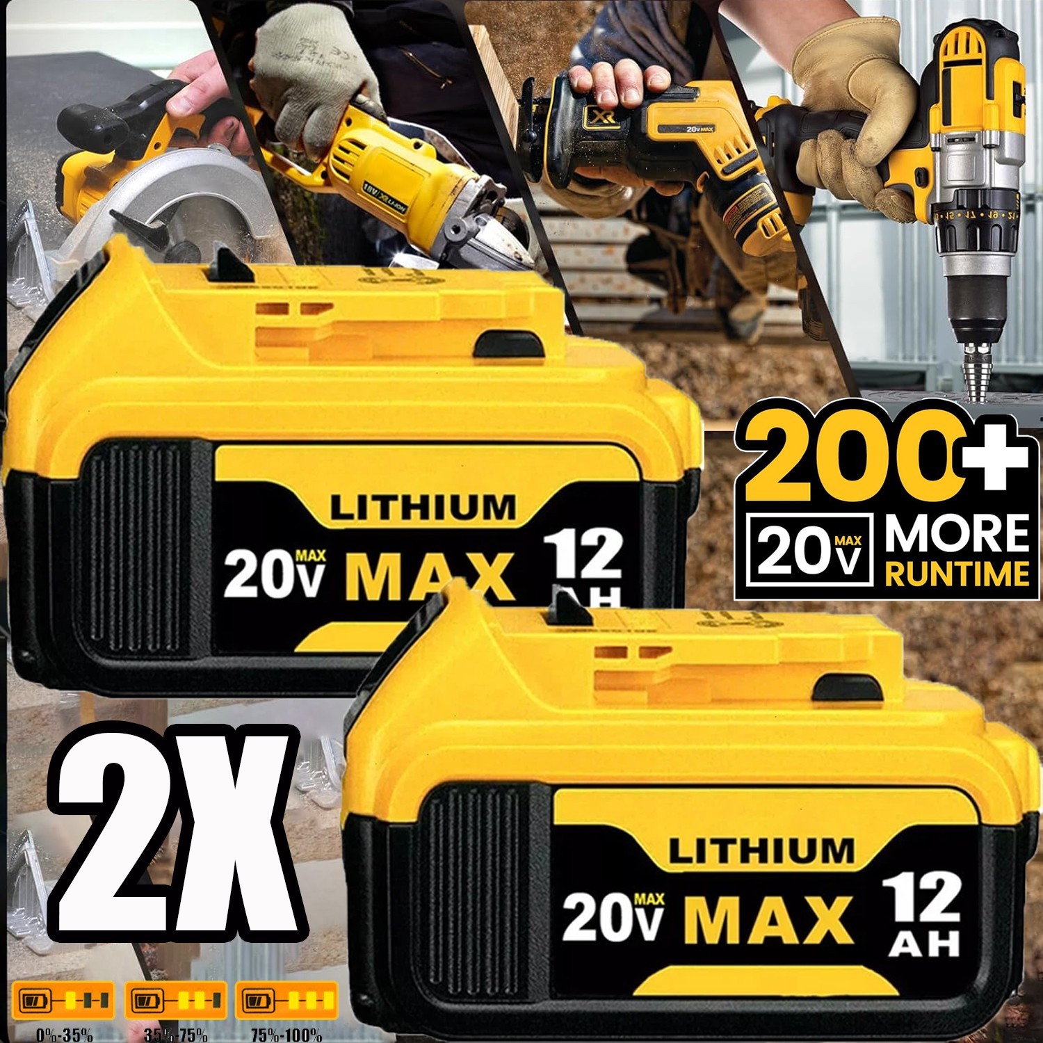 2Pack 12.0AH For DeWalt 20V 20 Volt Max XR Lithium Ion Battery DCB206-2 DCB205-2