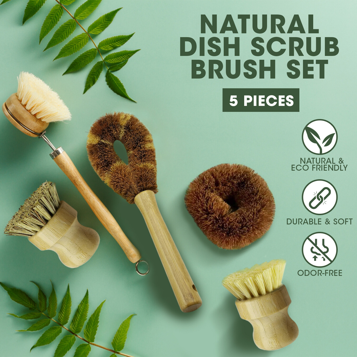 Bamboo Dish Brush Set for Eco-friendly Home Wooden Kitchen Cleaning Set 5 Pieces
