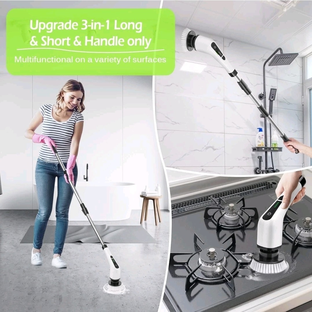 7in1 Electric Spin Scrubber Cordless Bathroom Tub Scrubber w/ Long Handle 8Head