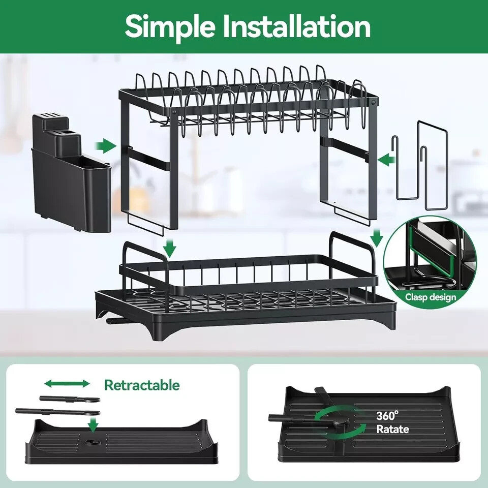 2 Tier Dish Drainer Rack with Drip Tray Cutlery Holder Plate Racks Kitchen Sink
