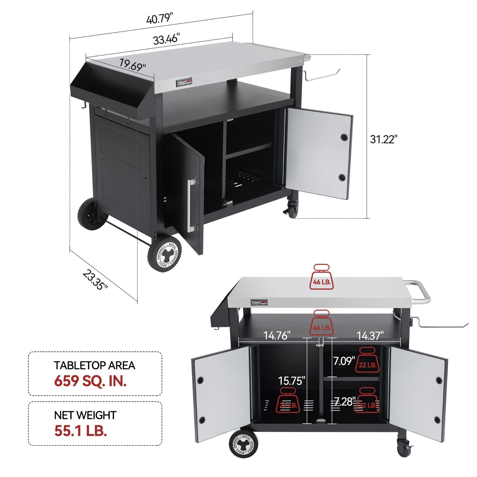 Royal Gourmet Movable Kitchen Cart with Storage Cabinet Grill Food Prep Table