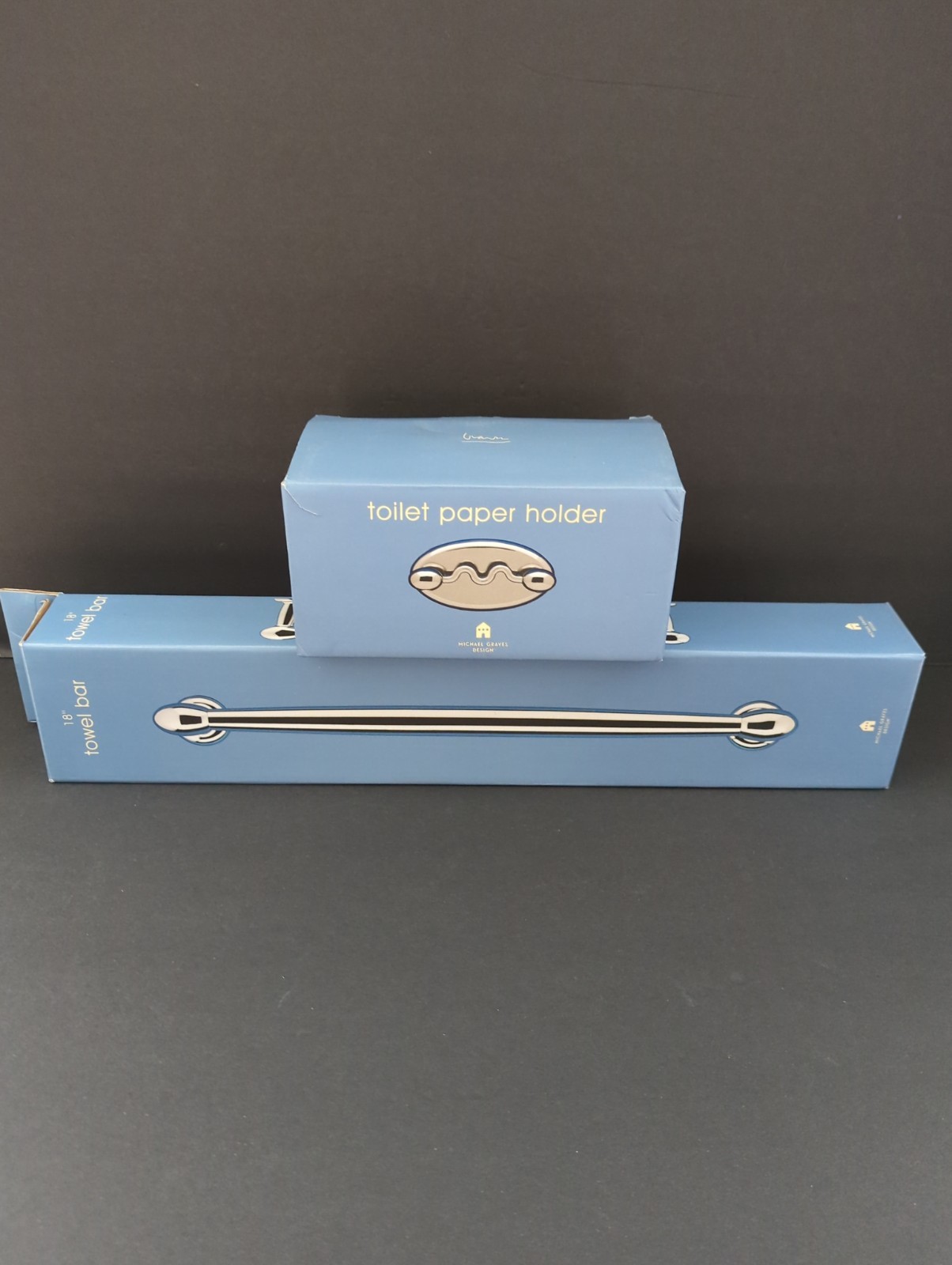 MICHAEL GRAVES Shiny Nickel Finish Towel Bar 18” and Toilet Paper Holder In Box