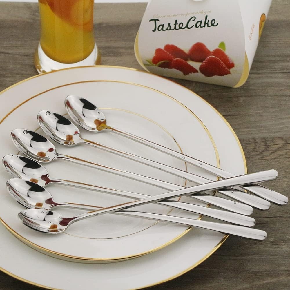 Long Handle Spoon, 9-Inch Iced Teaspoon, Set of 6, 18/10 Stainless Steel