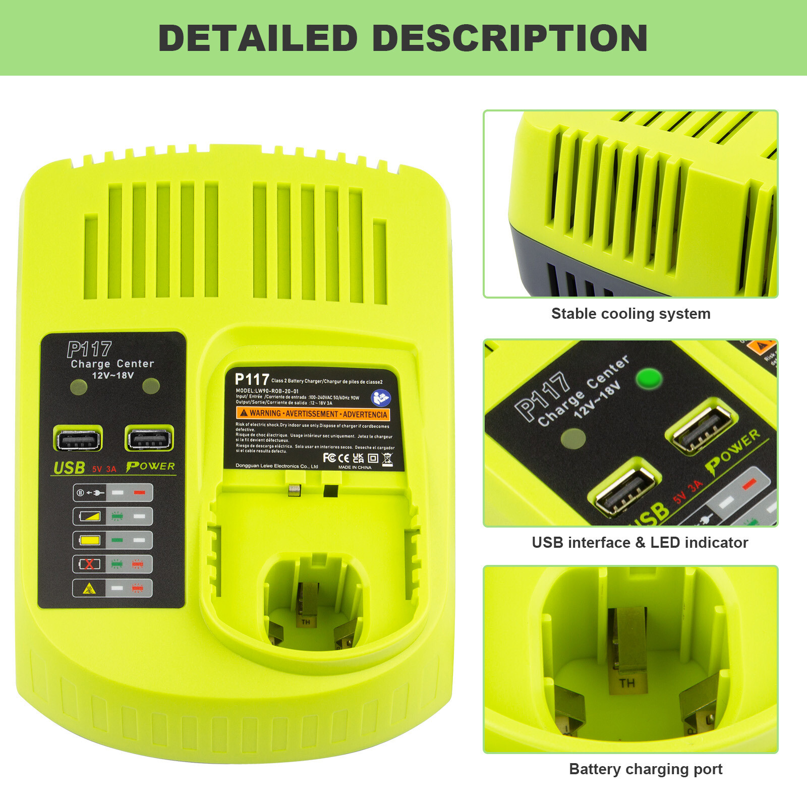 P117 Charger For RYOBI P108 18V For One+ Plus High Capacity Lithium-Ion Battery