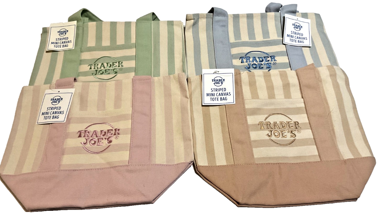 Trader Joe’s Mini Canvas Tote Bag-4 pack Striped Green, Pink, Blue, and Brown