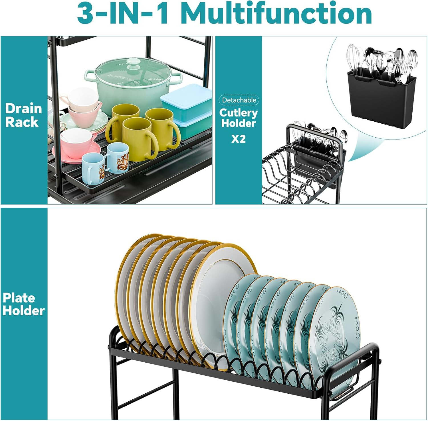 Stainless Steel 2 Tier Dish Rack Holder Kitchen Counter Drainer Board Black 12×1