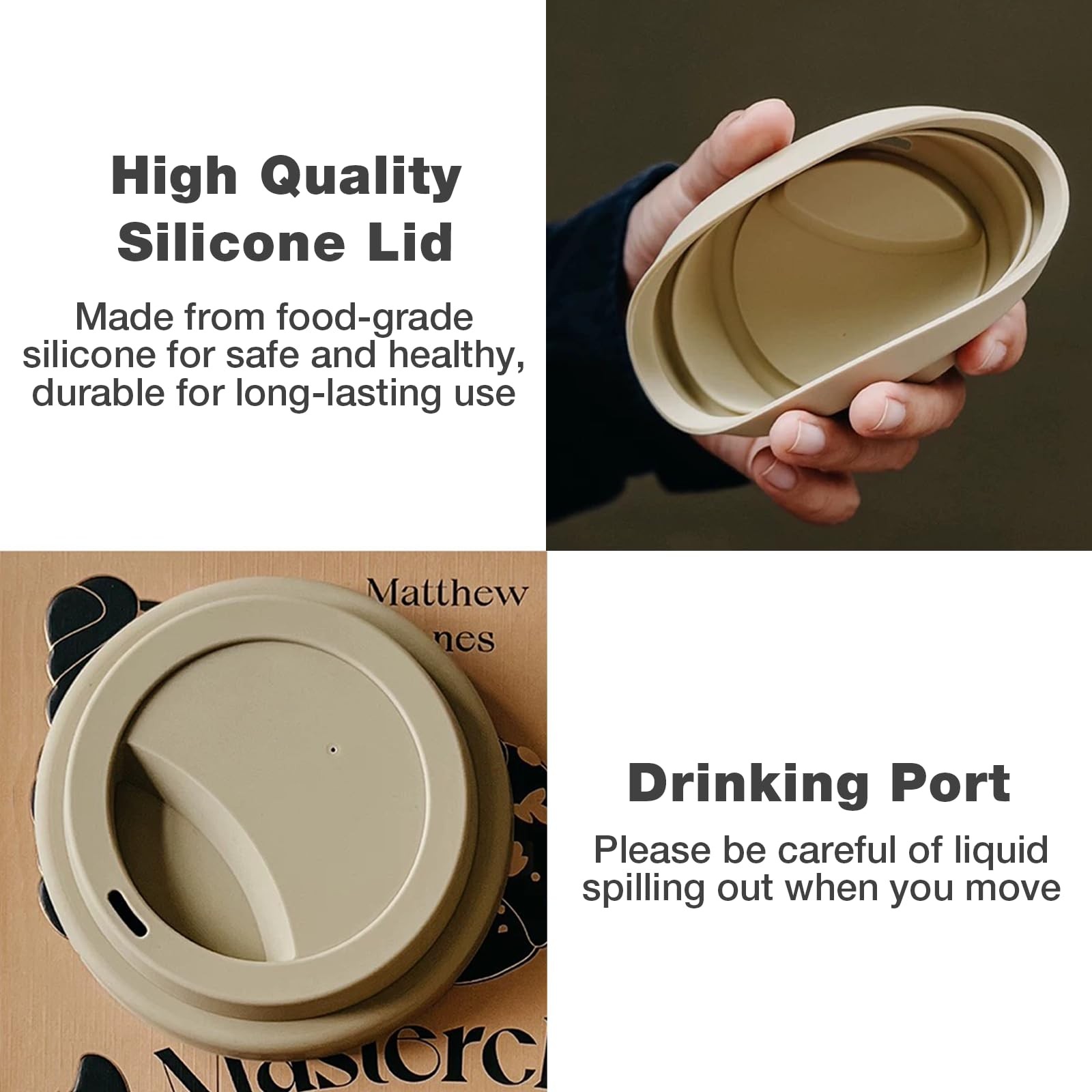 Ceramic Travel Mugs with Silicone Lids, 15 oz Portable Coffee Mugs, Beige