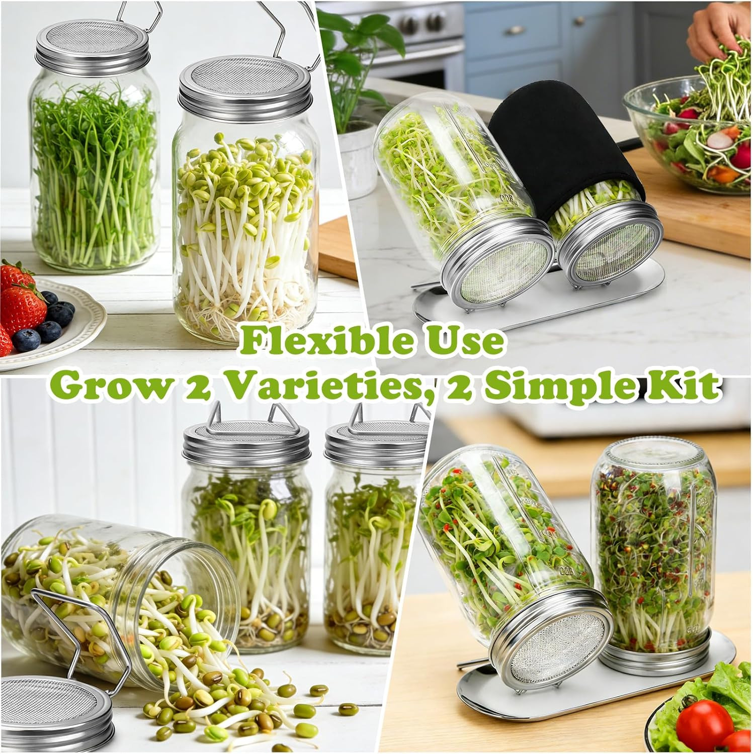Sprouting Kit with Stainless Steel Screen Sprouting Lids & Glass Mason Jars & Li