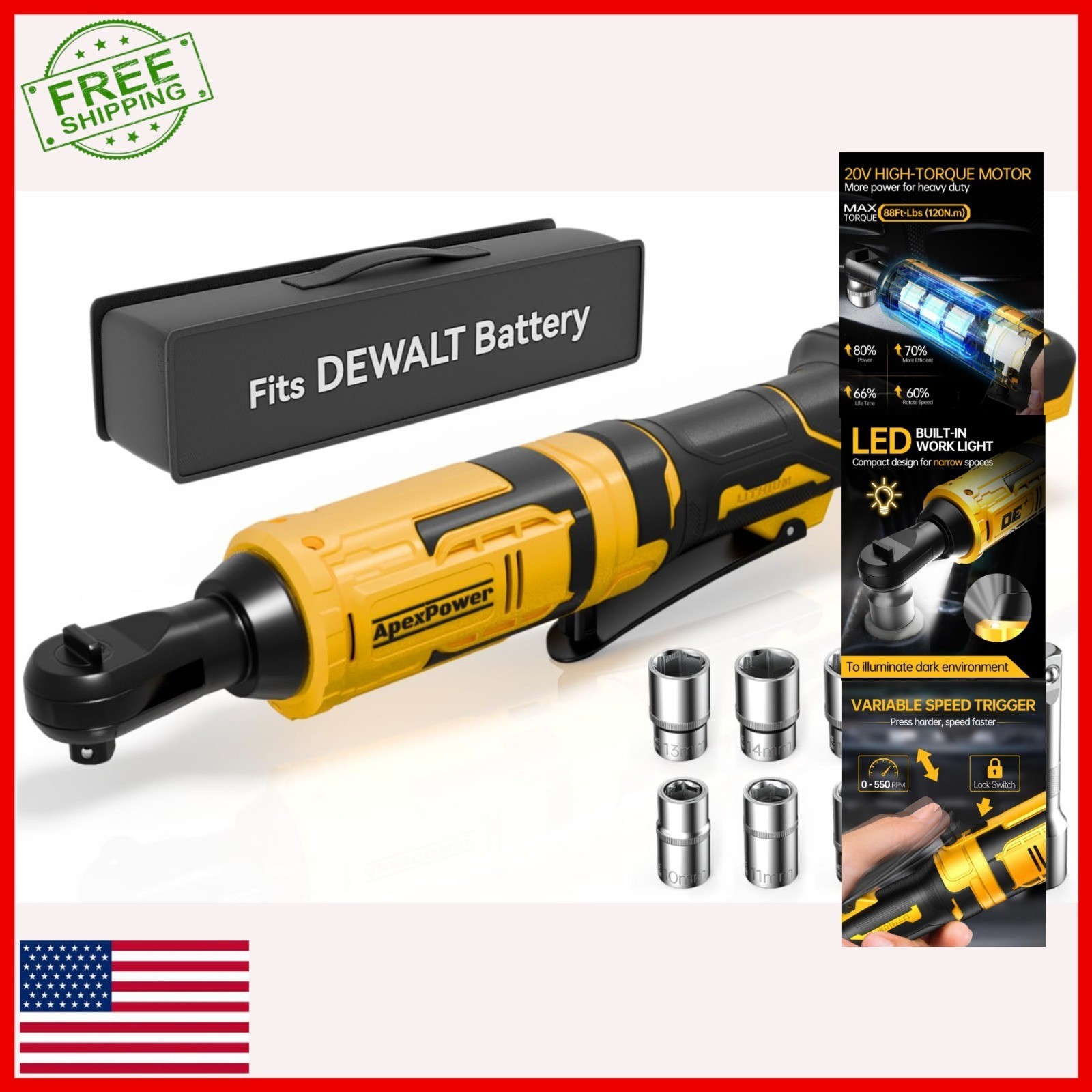 APEXPOWER 3/8″ Electric Ratchet Wrench Set, 88Ft-Lbs, Cordless, Brushless