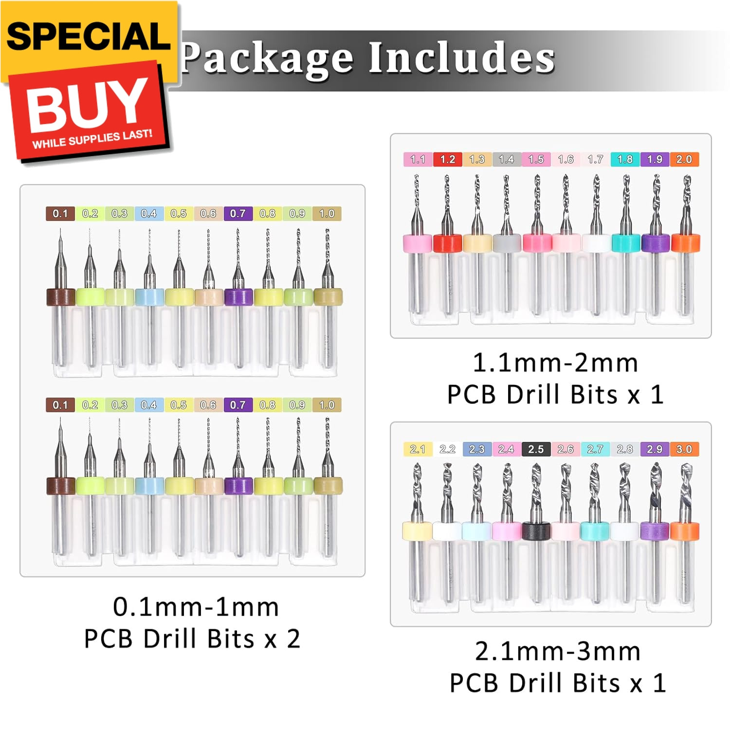 40PCS PCB Drill Bits Set 0.1mm-3.0mm, Micro Spiral Flute Carbide Print Circuit B