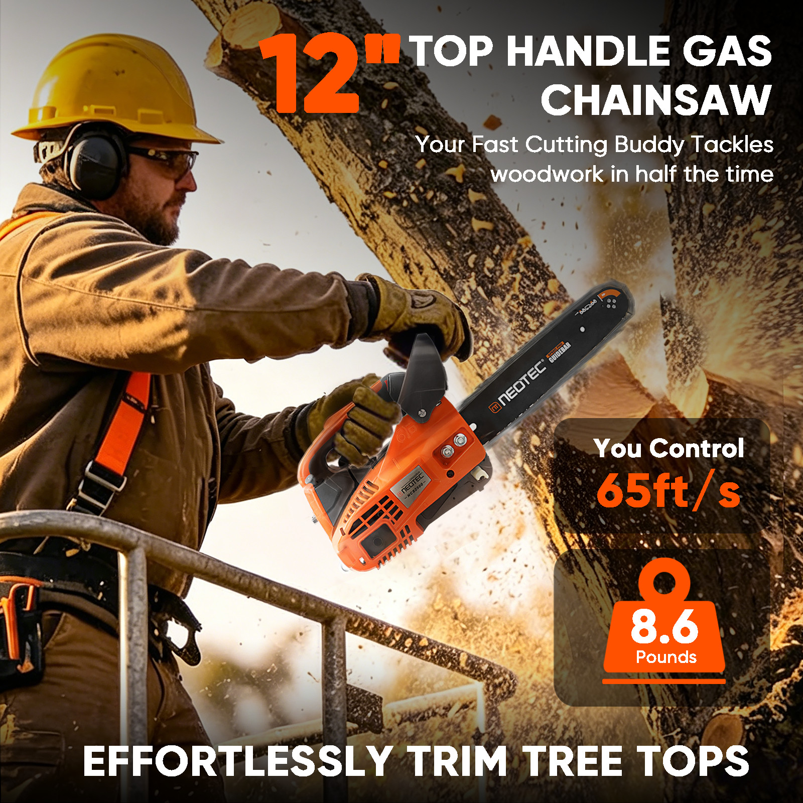 25.4cc Gas Top Handle Chainsaw with 12” Bar Chain 2-Stroke Engine Cut Tree Wood