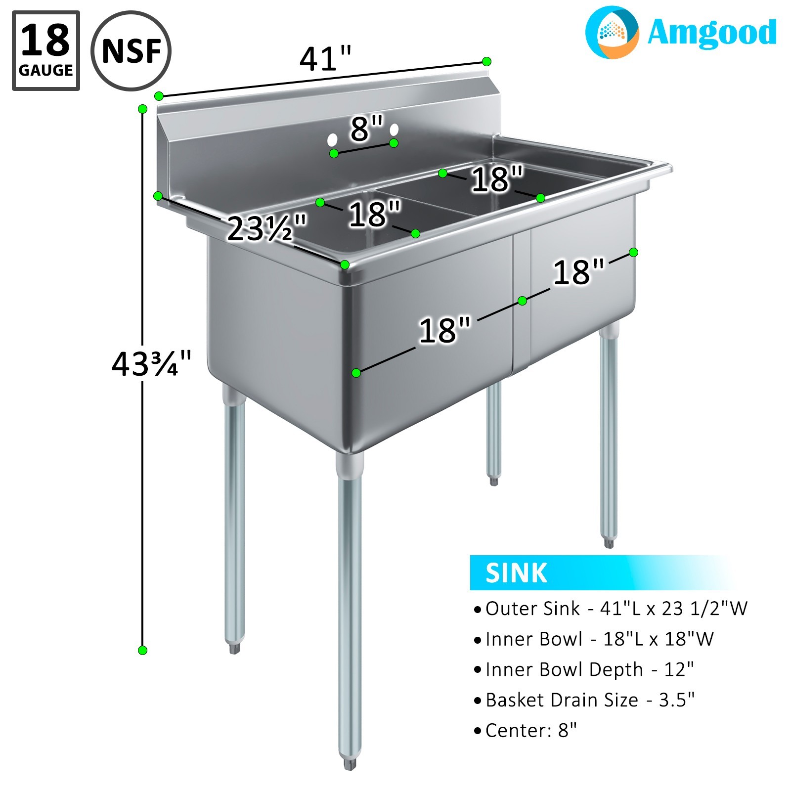 41 in. x 23.5 in. Stainless steel Two Compartment Sink with 18 in. x 18 in. Bowl