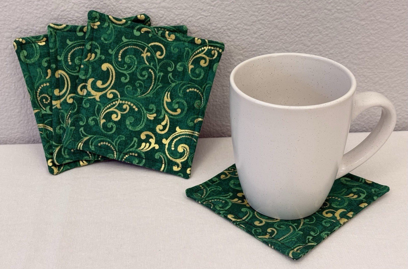 St Patricks Day Drink Coaster Set of 4 Shamrock Green Shiny Gold Swirl Washable