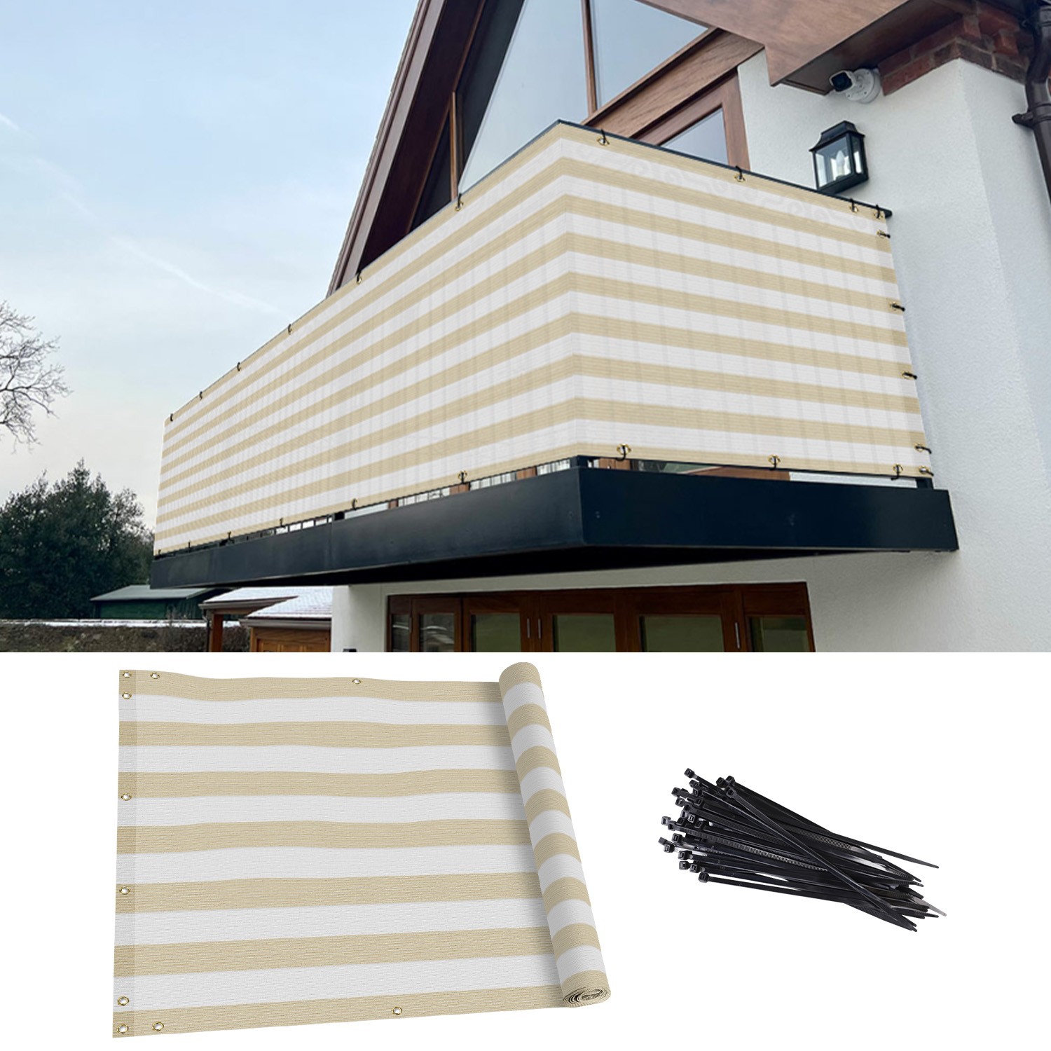 35in Tall Balcony Fence Privacy Screen Apartment Windshield Shade Beige Stripe