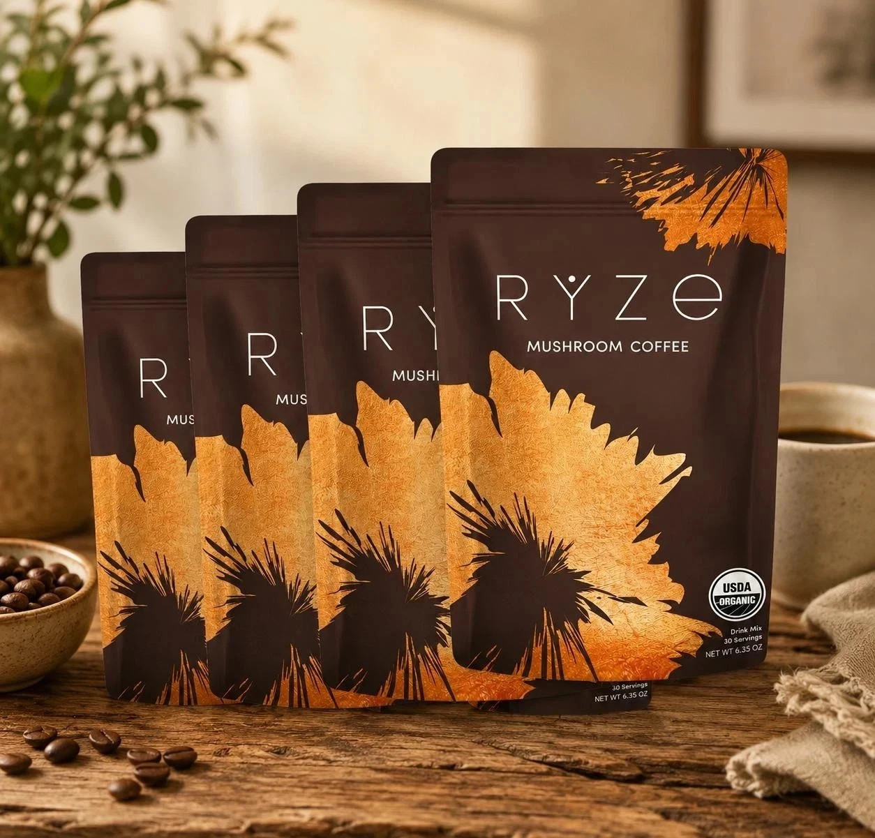 4 Pack RYZE Mushroom Coffee 30 Servings Organic Energy Gut Health Focus Blend