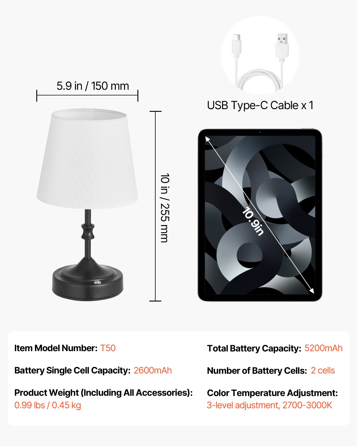 VEVOR Cordless Table Lamp Rechargeable Battery Small Desk Lamp Fabric Shade