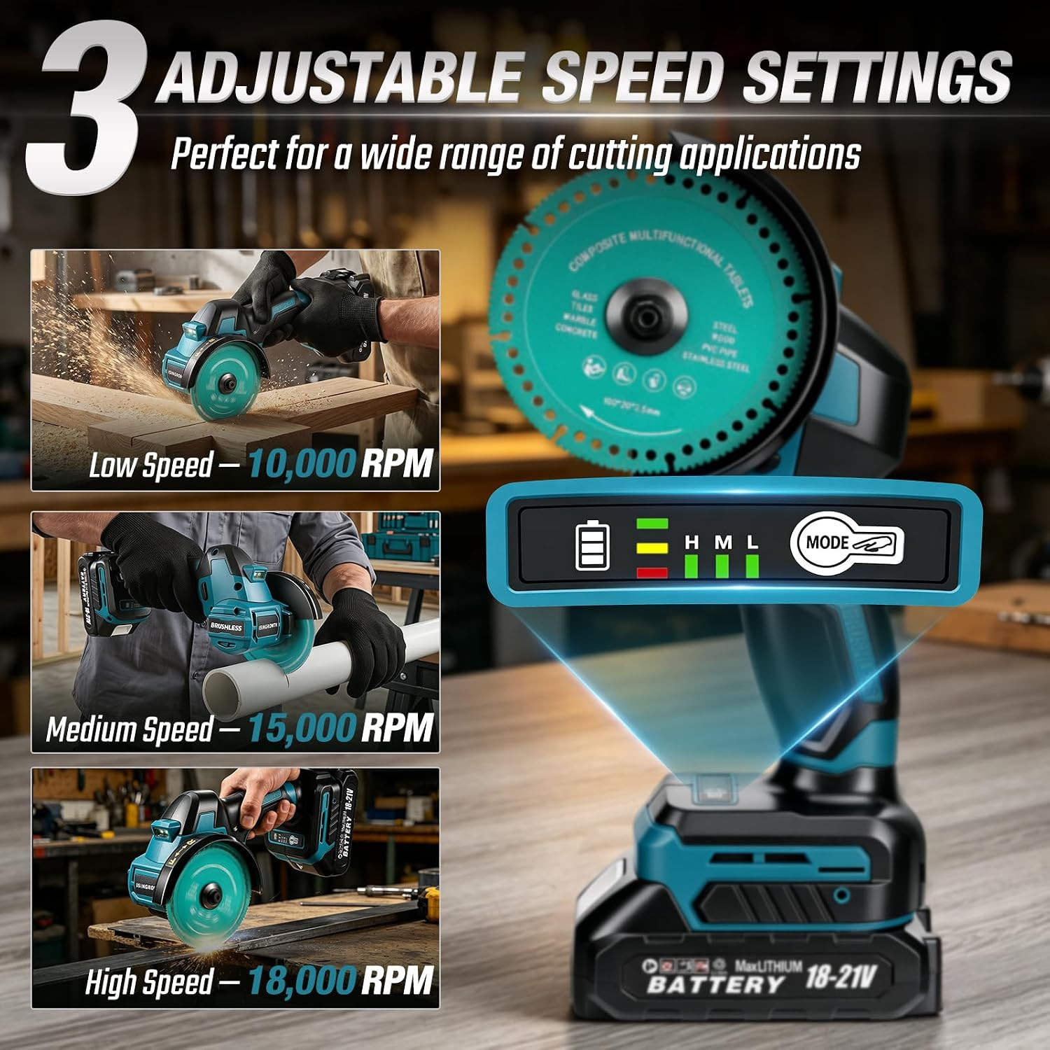 Cordless Cut off Tool with 2 Batteries, 4-Inch 21V Brushless Mini Saw Kit, 3-Spe