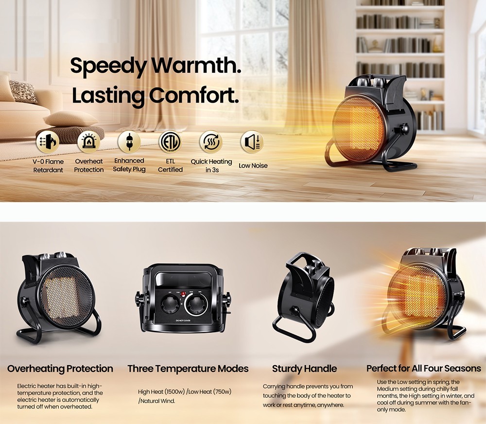 ELECTRIC FORCED AIR HEATER WHOLE ROOM SPACE HEATER PORTABLE FAST HEAT ETL LISTED