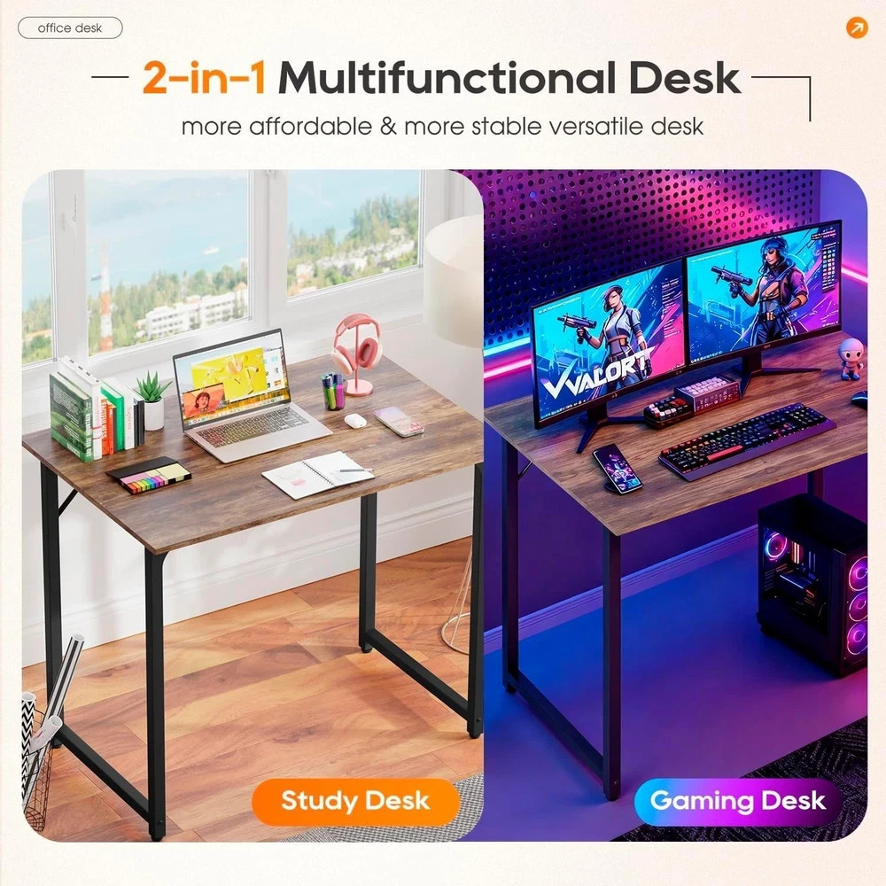 32in Computer Desk Brown Metal Frame Writing Table Home Office Study