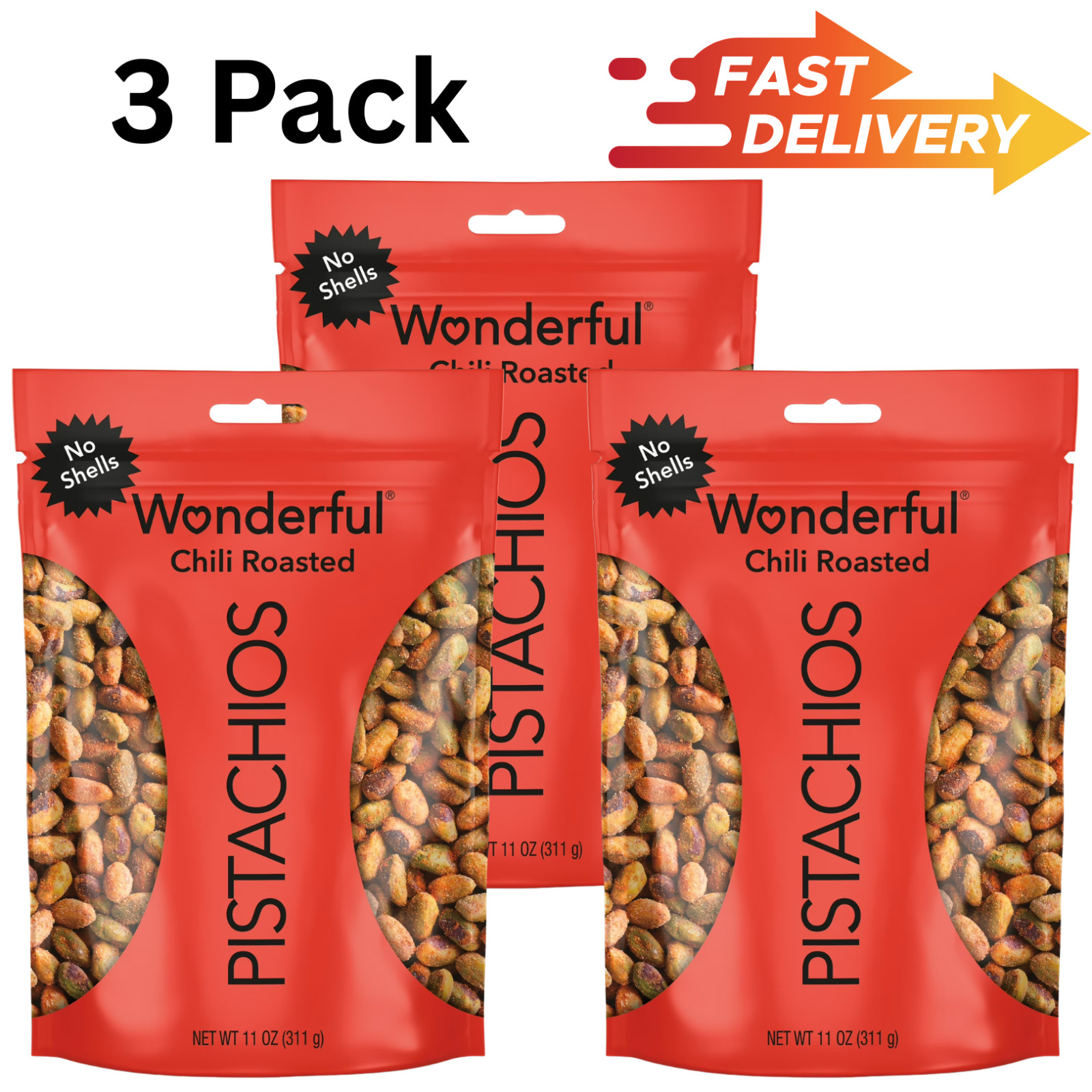 3 Pack – Wonderful Pistachios No Shells Chili Roasted Nuts, 11 Ounce Bag