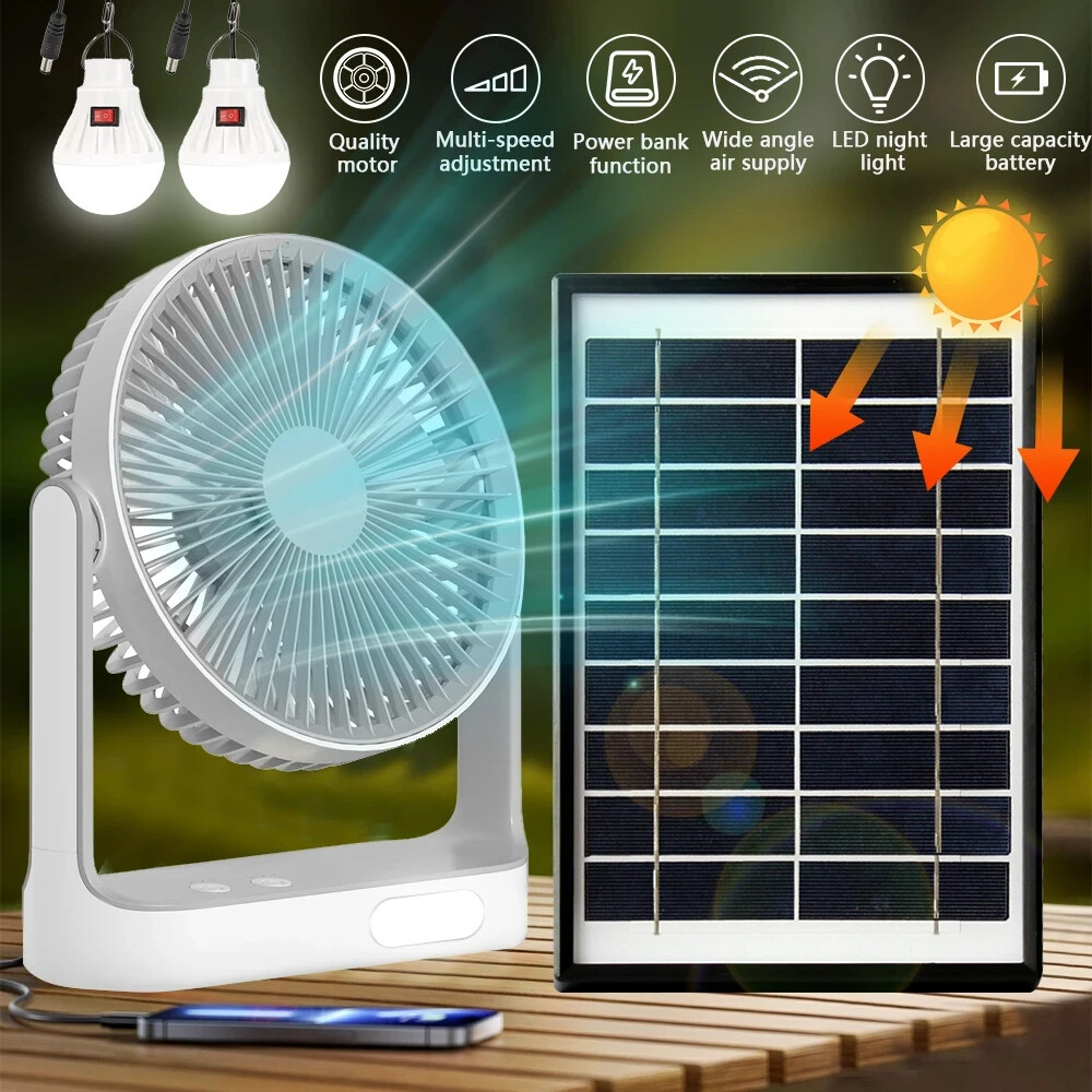 8 INCH Rechargeable Fan 30 dB With solar panel, Variable Speed and 2 Free bulbs