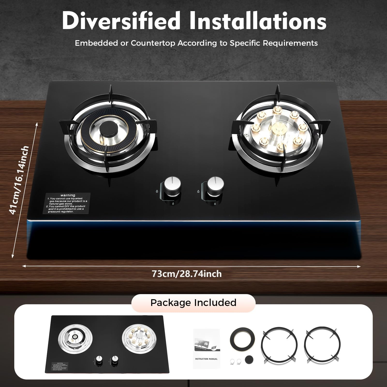 Portable Natural Gas Stove 2 Burner Tempered Glass Cooktop Black 73x41cm