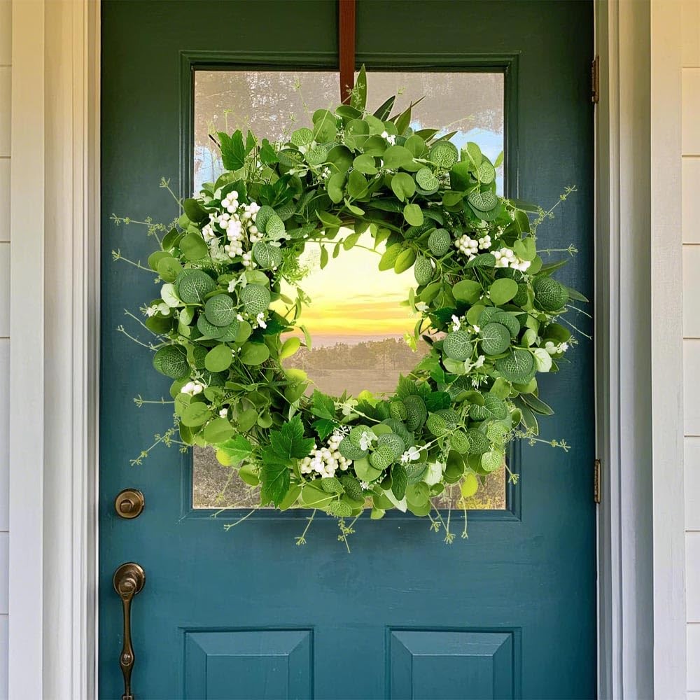Eucalyptus Wreath 24 Inch, Spring Summer Wreaths for Front Door Outside with Whi