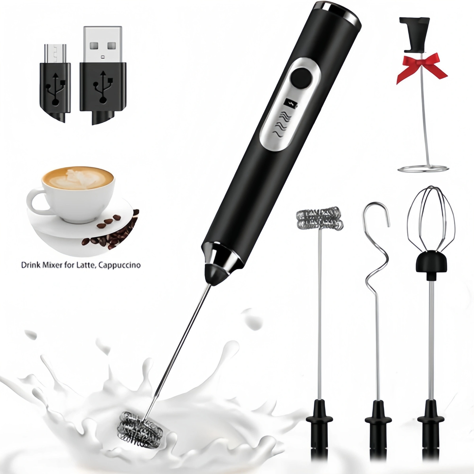 Electric Milk Frother Handheld Whisk Mixer Stirrer Coffee Egg USB Rechargeable