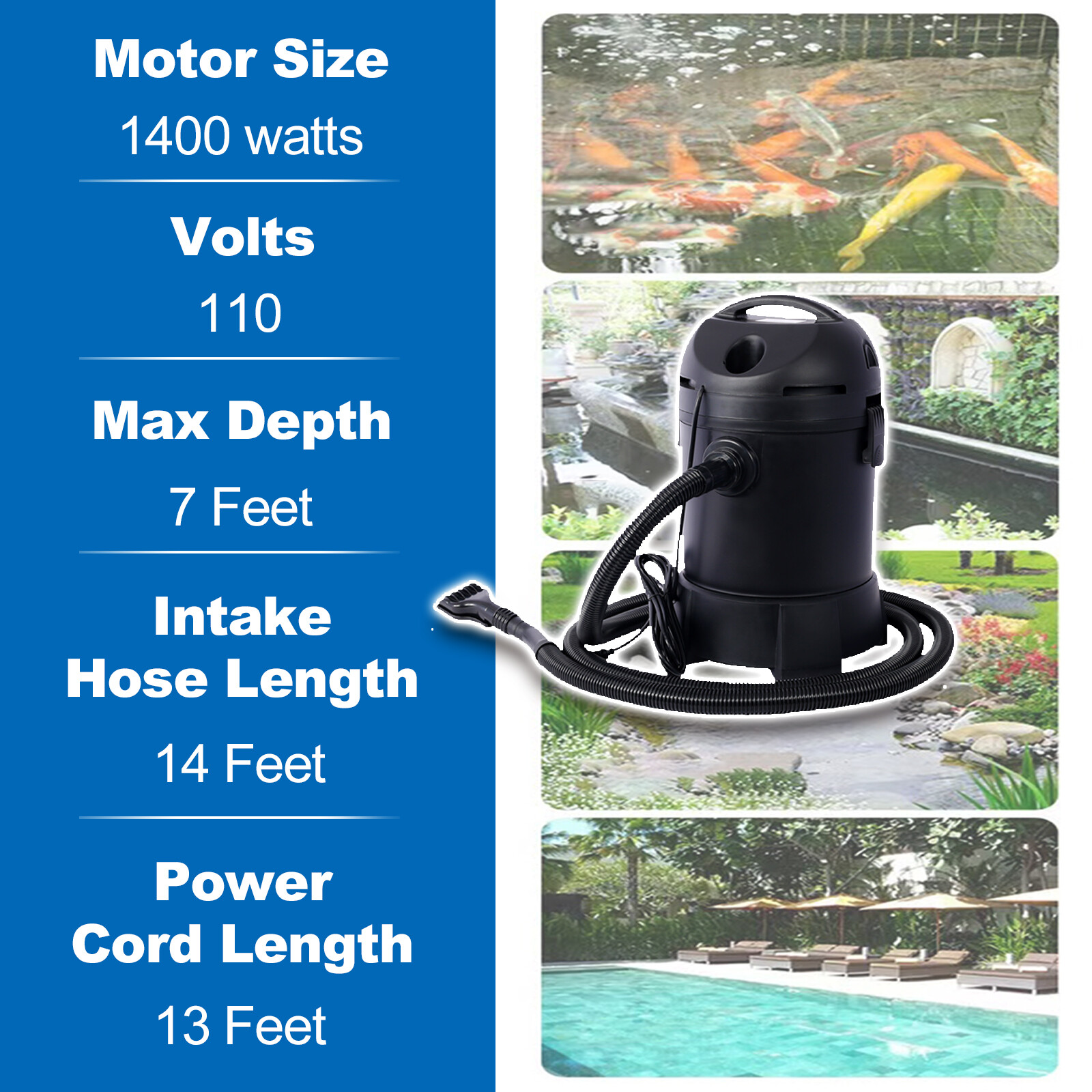 Pond Vacuum Cleaner Continuous Intermittent Cycle 3ft Suction Depth w/13ft Wire