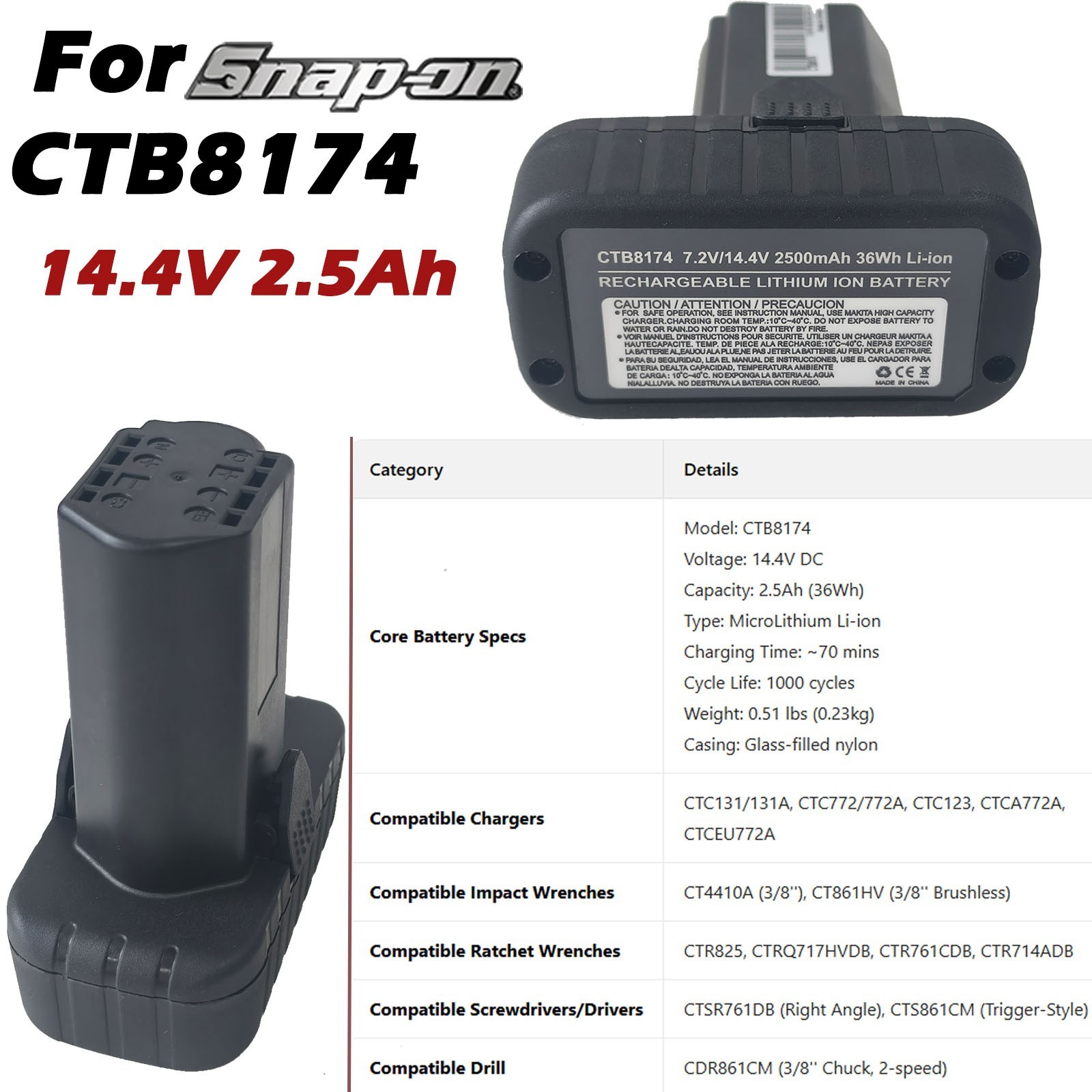 CTB8172 CTB8174 2.5AH Battery For Snap On 14.4V Tools CT861DB CTC722 CT825DB US