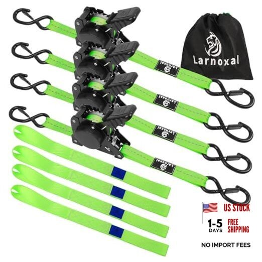 Retractable Ratchet Straps 4 Pack – 1,500 Lbs Break Strength 1 in x 10 Ft Green