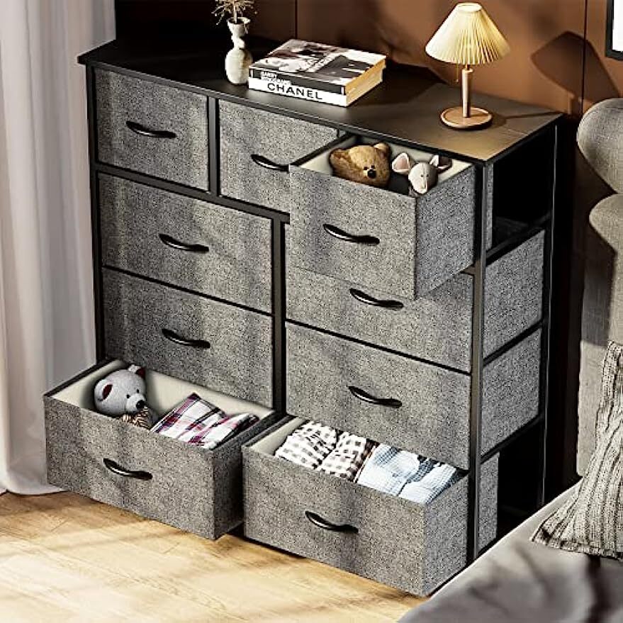 Gray 9 Storage Drawer Dresser for Bedroom Tall Wood Dresser Fabric Storage Tower