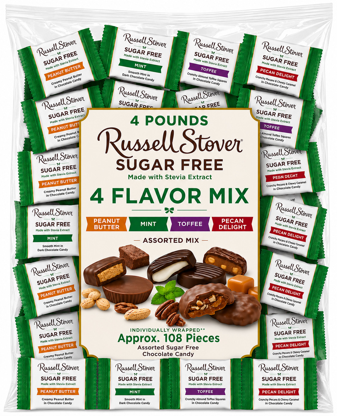 Russell Stover Sugar-Free, 4 Flavor Mix Assorted Chocolate Candy Bars (4 Pounds)