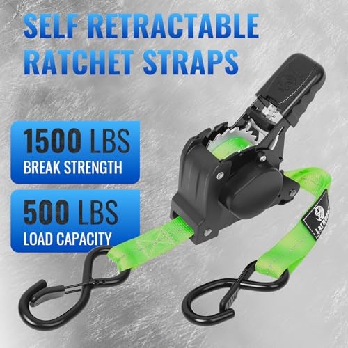Retractable Ratchet Straps 4 Pack – 1,500 Lbs Break Strength 1 in x 10 Ft Green