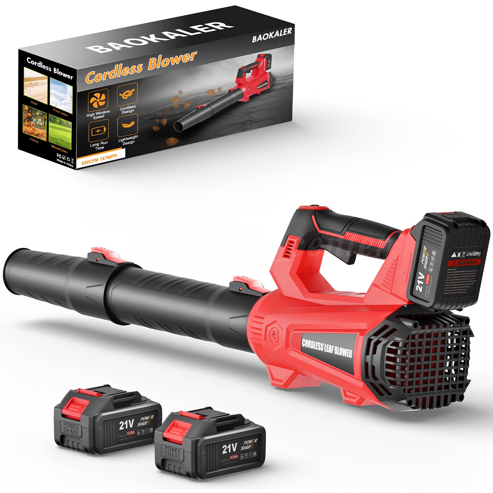 6-Speed Cordless Leaf Blower 930CFM 197MPH 2x4000mAh Batteries For Yard Clean