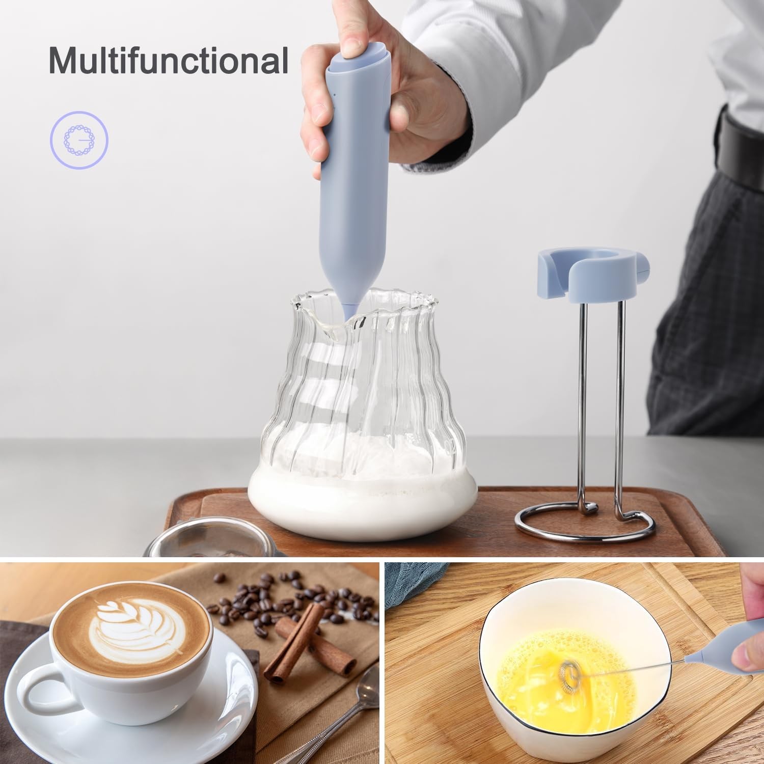 Rechargeable Electric Milk Frother with Stand – Handheld Coffee Whisk