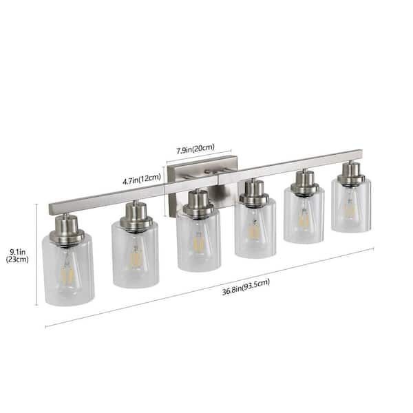 Lasaideal 37 in. 6-Light Brushed Nickel Vanity Light with Clear Glass Shades