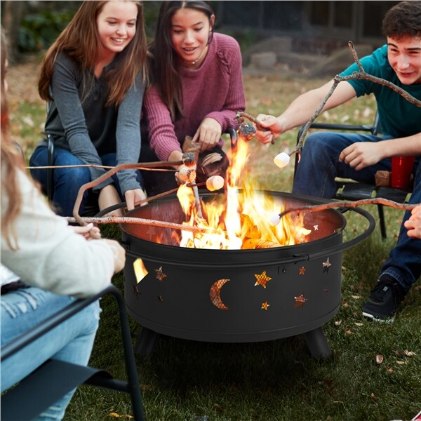 30in Wood Burning Fire Pit Stars & Moons Fire Bowl with Poker Mesh Cover Heater